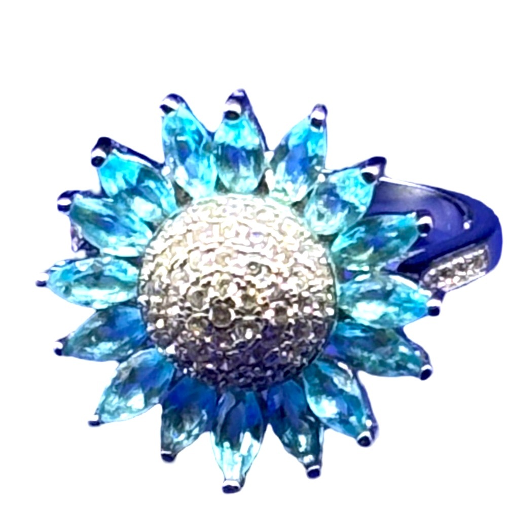 Blue and Silver Floral Ring 925 sterling silver Size 9 - Picture 3 of 5